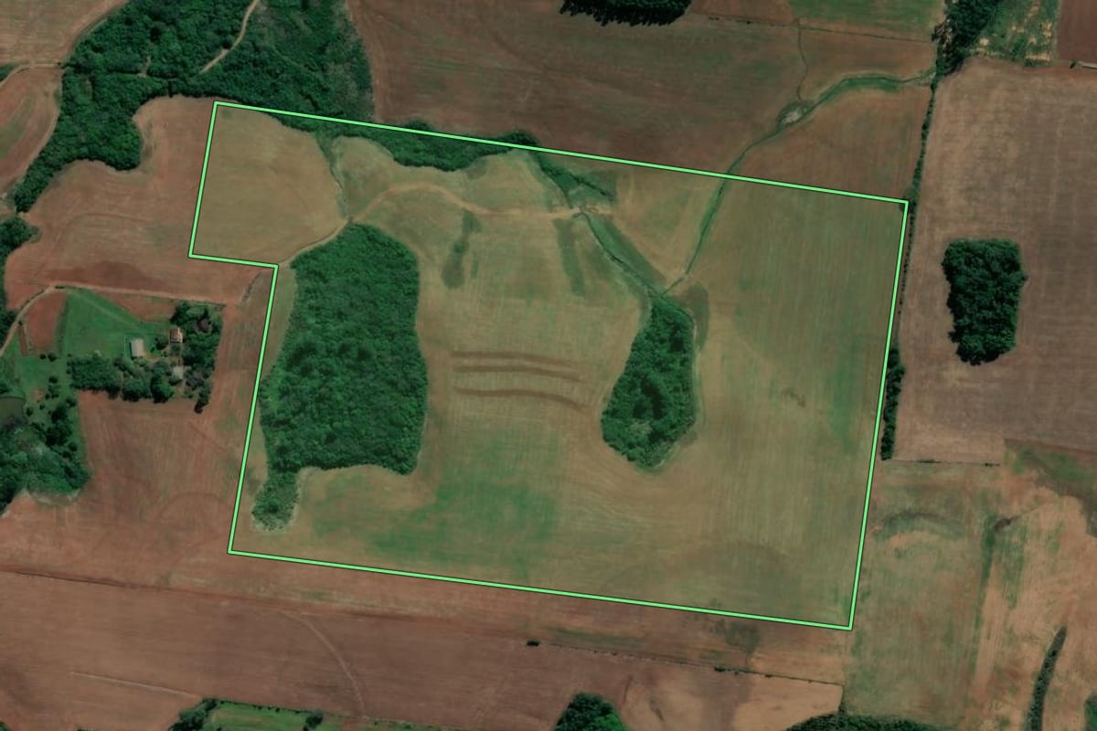 Imagem de satélite do imóvel rural em Paverama (RS), com o contorno declarado no CAR desenhado por cima.