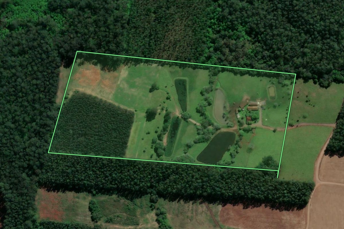 Imagem de satélite do imóvel rural em Paverama (RS), com o contorno declarado no CAR desenhado por cima.