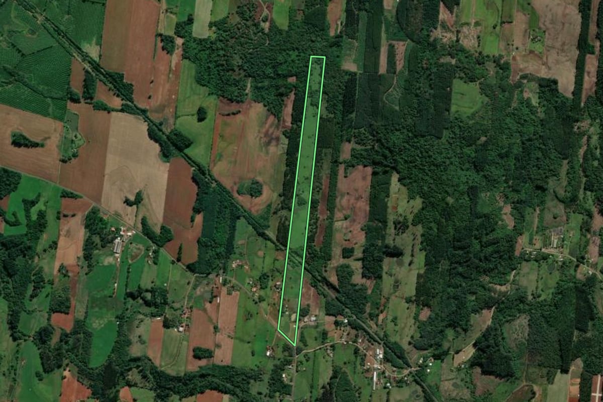 Imagem de satélite do imóvel rural em Paverama (RS), com o contorno declarado no CAR desenhado por cima.