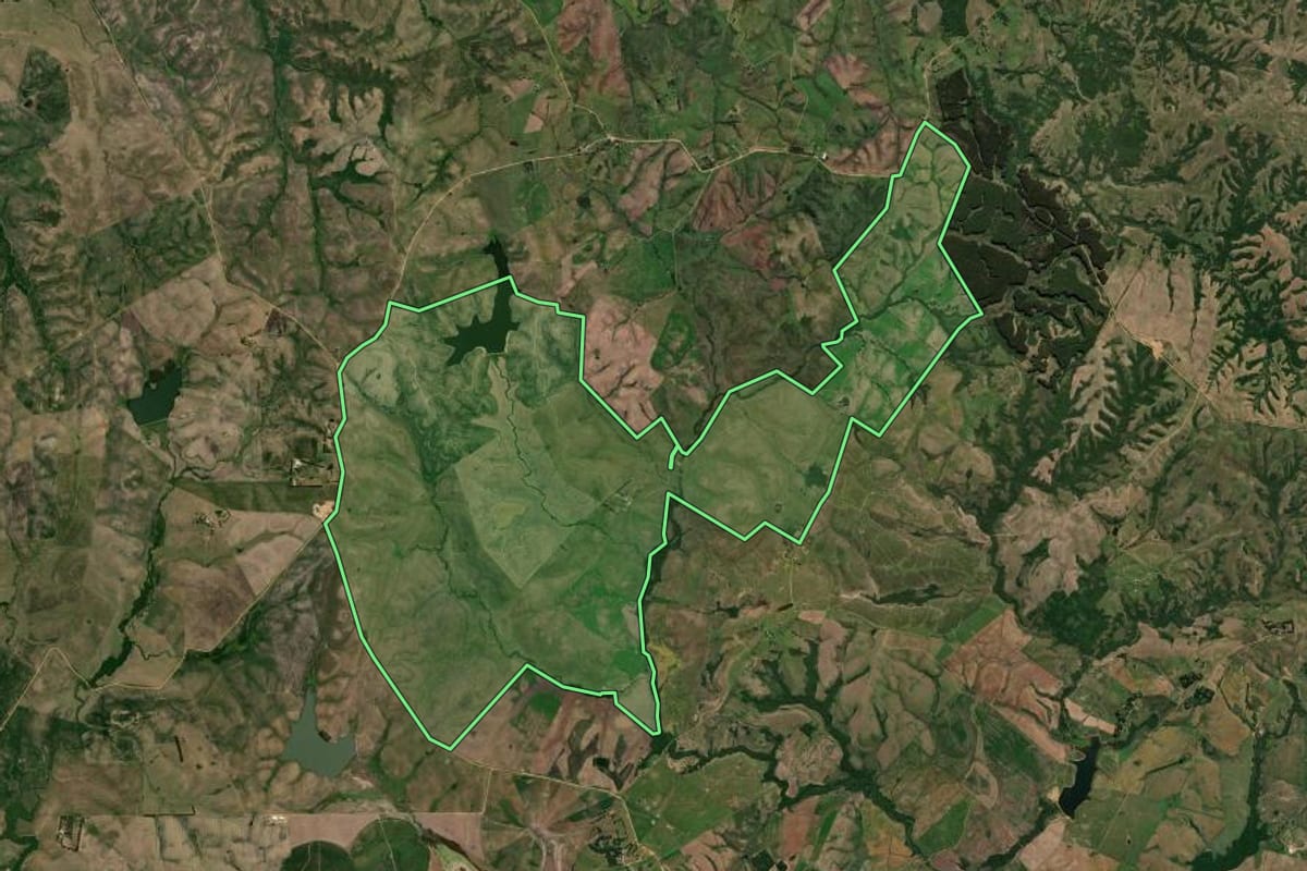Imagem de satélite do imóvel rural em Pedras Altas (RS), com o contorno declarado no CAR desenhado por cima.