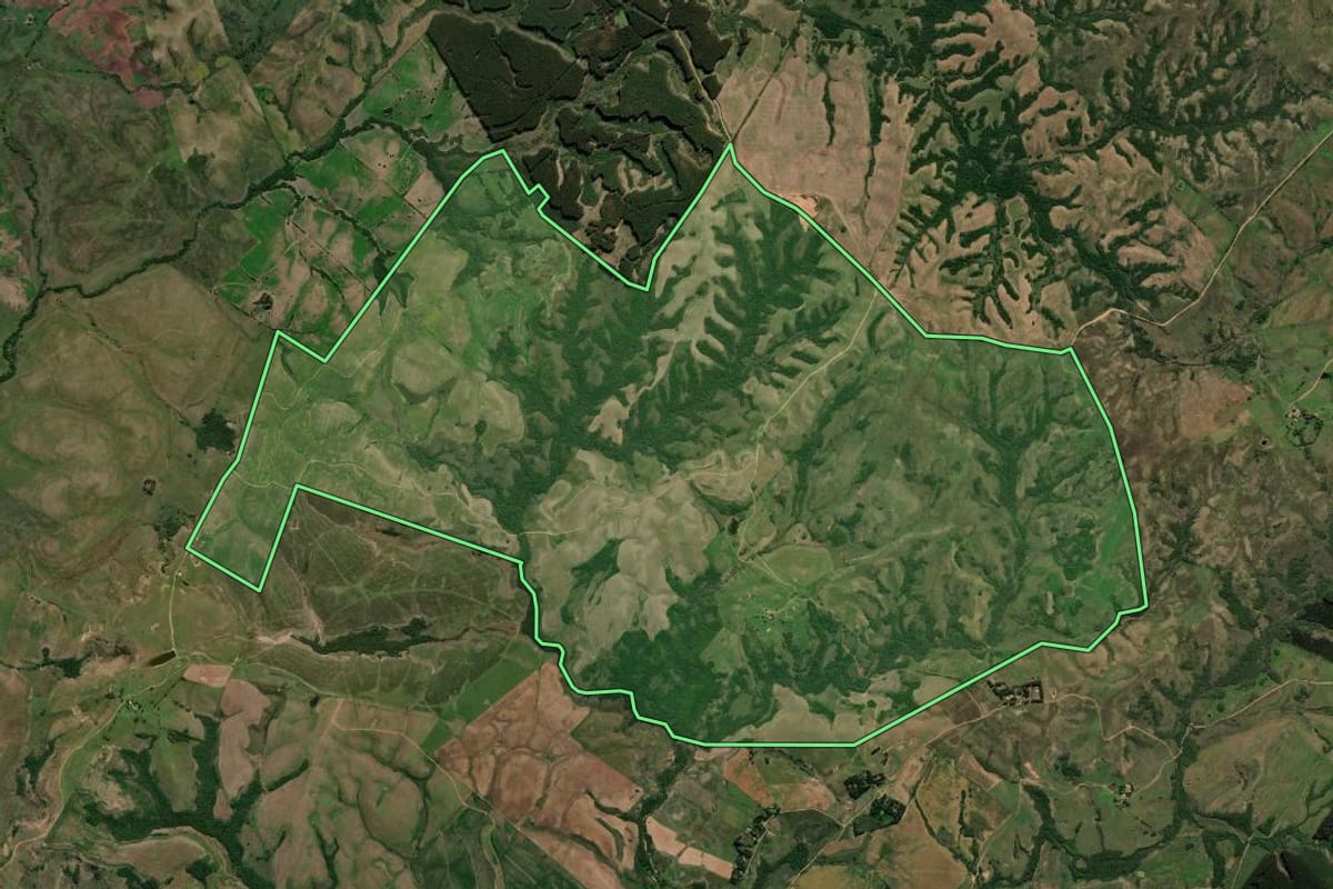 Imagem de satélite do imóvel rural em Pedras Altas (RS), com o contorno declarado no CAR desenhado por cima.