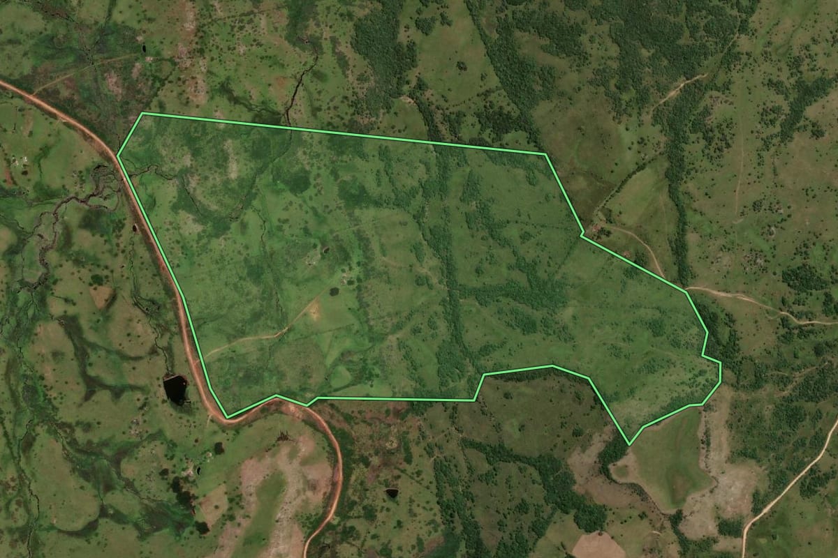 Imagem de satélite do imóvel rural em Pedras Altas (RS), com o contorno declarado no CAR desenhado por cima.