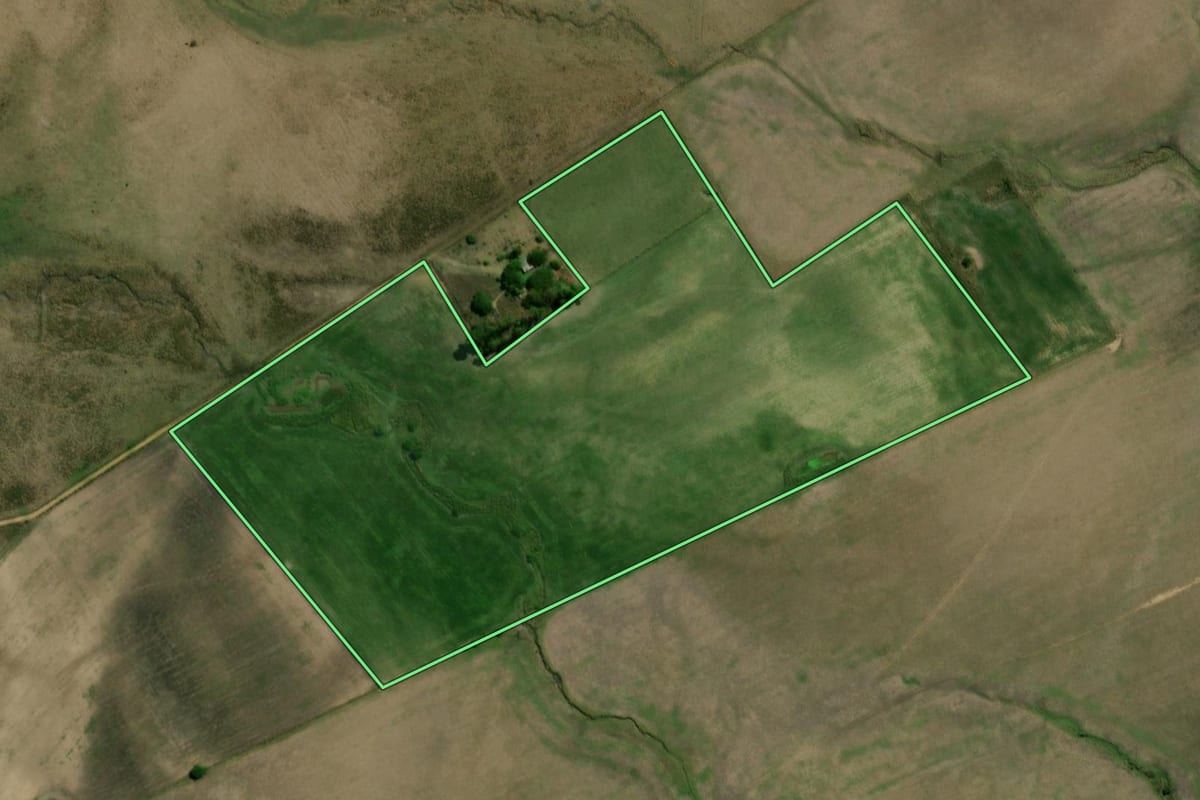 Imagem de satélite do imóvel rural em Pedras Altas (RS), com o contorno declarado no CAR desenhado por cima.