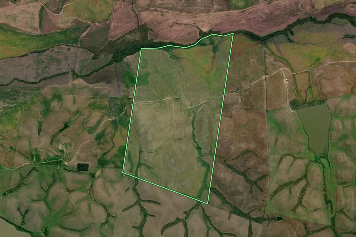 Imagem de satélite do imóvel rural em Pedras Altas (RS), com o contorno declarado no CAR desenhado por cima.