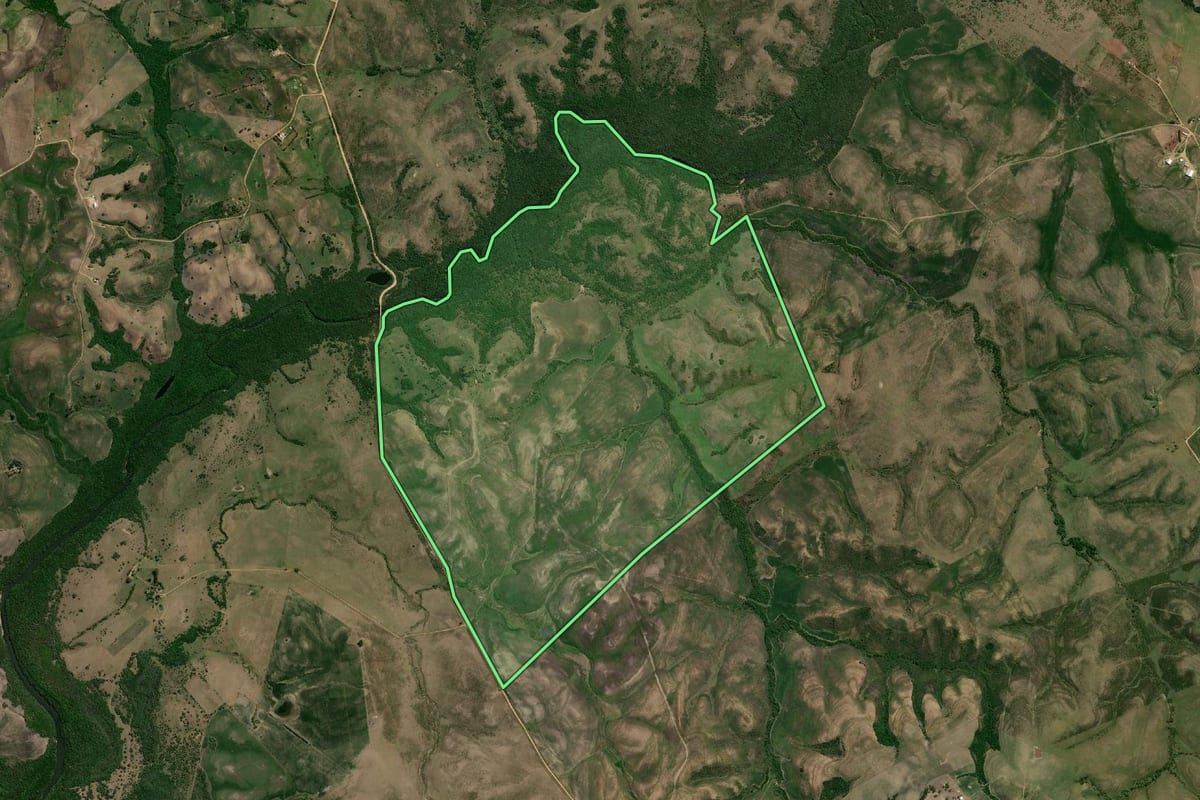 Imagem de satélite do imóvel rural em Pedras Altas (RS), com o contorno declarado no CAR desenhado por cima.