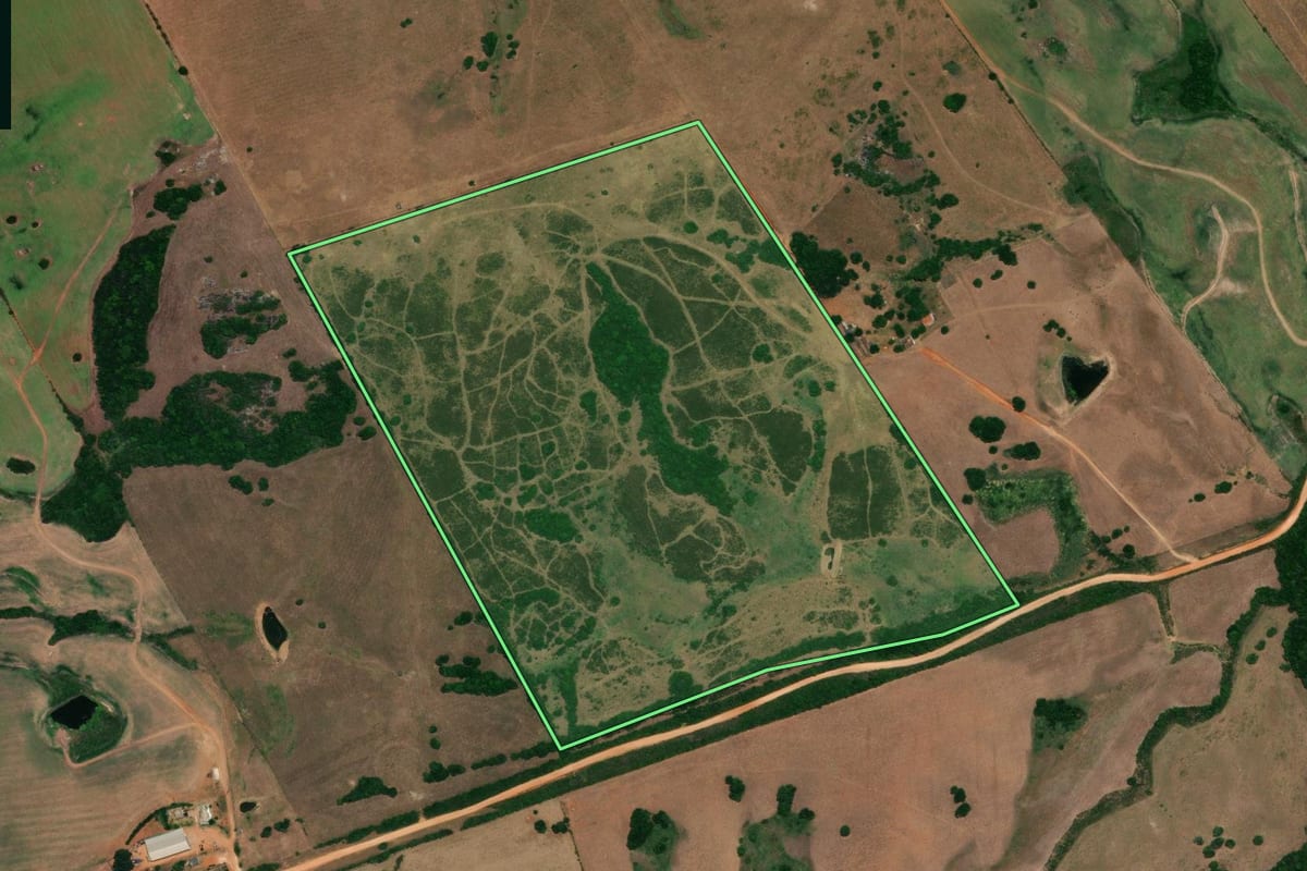 Imagem de satélite do imóvel rural em Pedro Osório (RS), com o contorno declarado no CAR desenhado por cima.