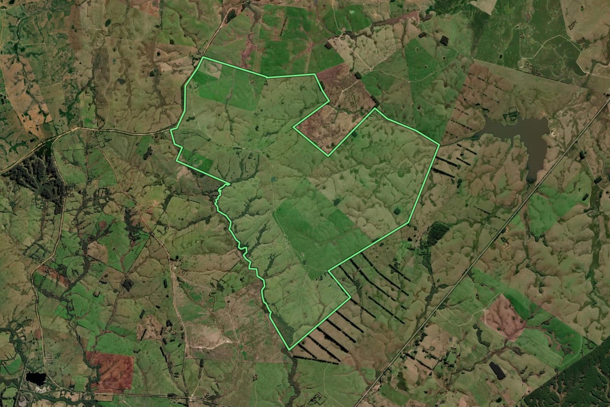Imagem de satélite do imóvel rural em Pedro Osório (RS), com o contorno declarado no CAR desenhado por cima.