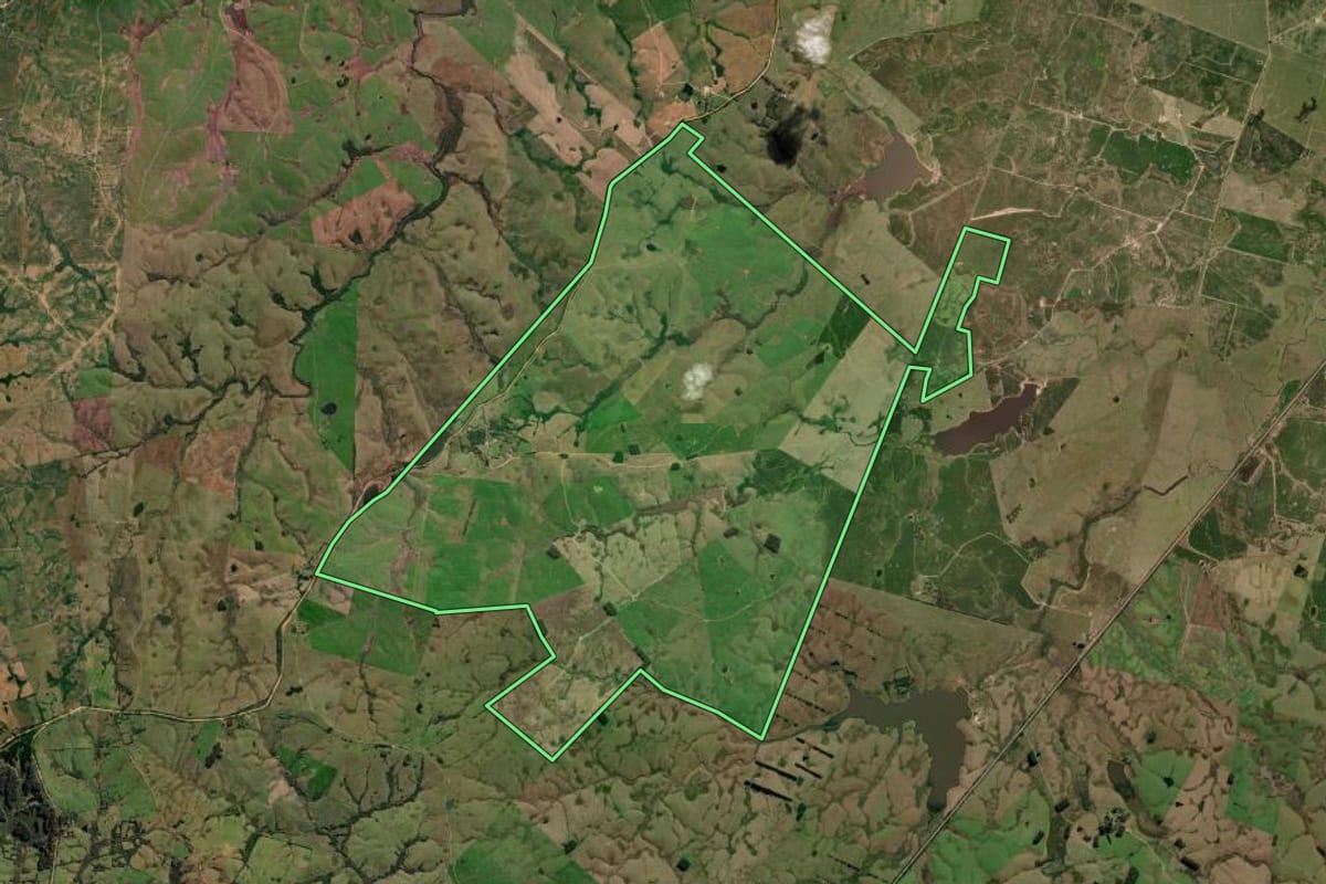 Imagem de satélite do imóvel rural em Pedro Osório (RS), com o contorno declarado no CAR desenhado por cima.