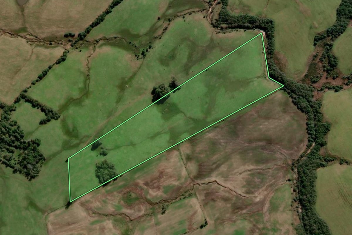 Imagem de satélite do imóvel rural em Pedro Osório (RS), com o contorno declarado no CAR desenhado por cima.