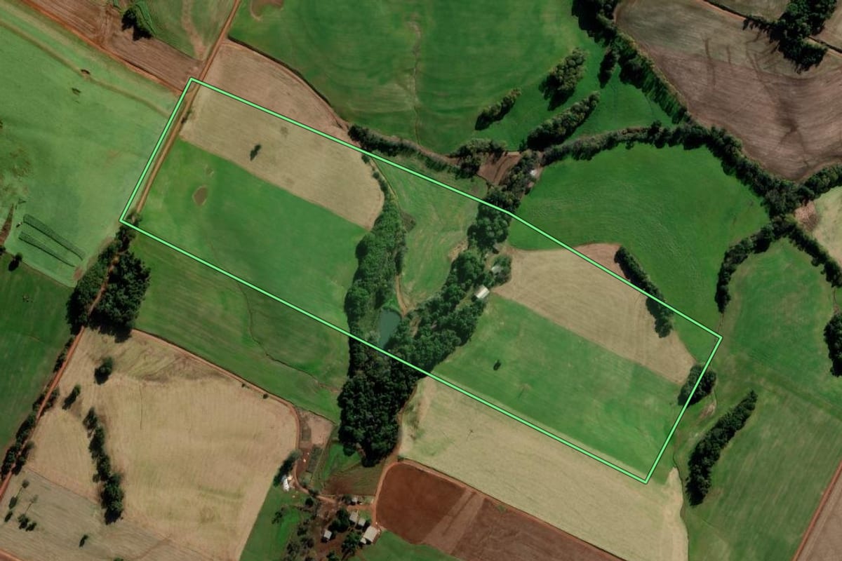 Imagem de satélite do imóvel rural em Pejuçara (RS), com o contorno declarado no CAR desenhado por cima.