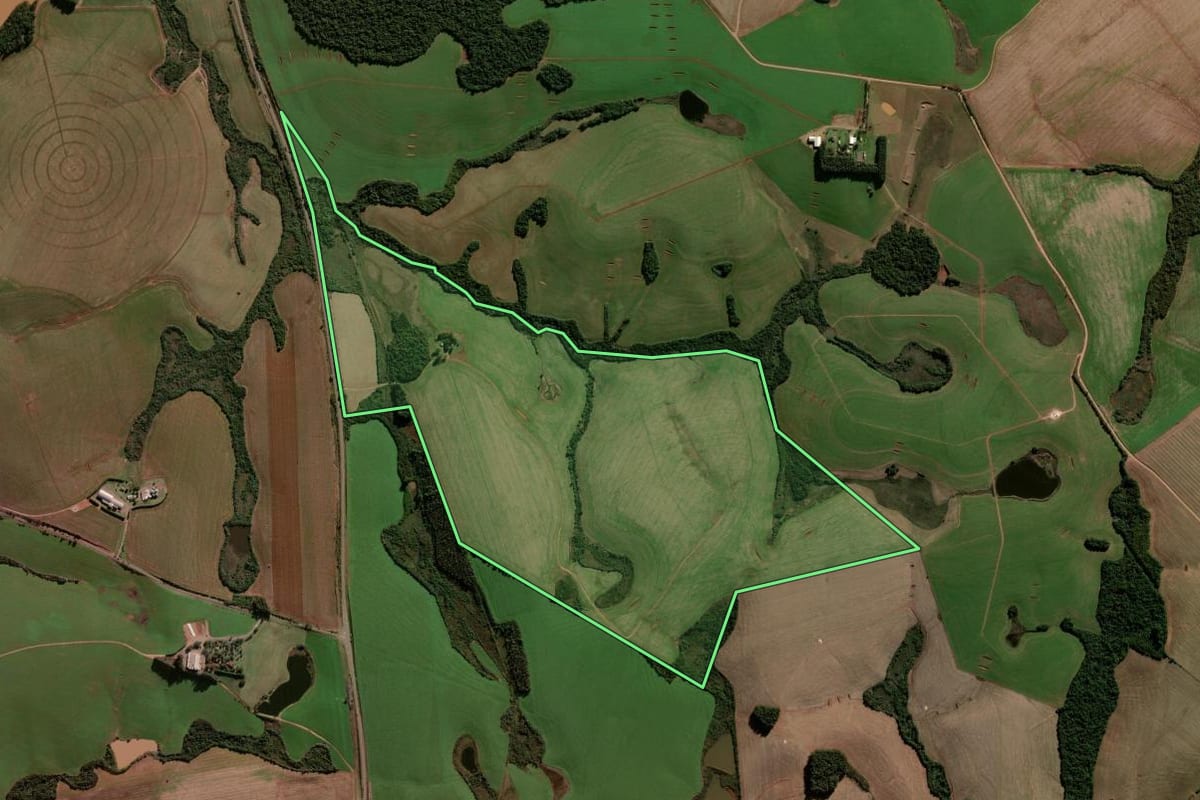 Imagem de satélite do imóvel rural em Pejuçara (RS), com o contorno declarado no CAR desenhado por cima.