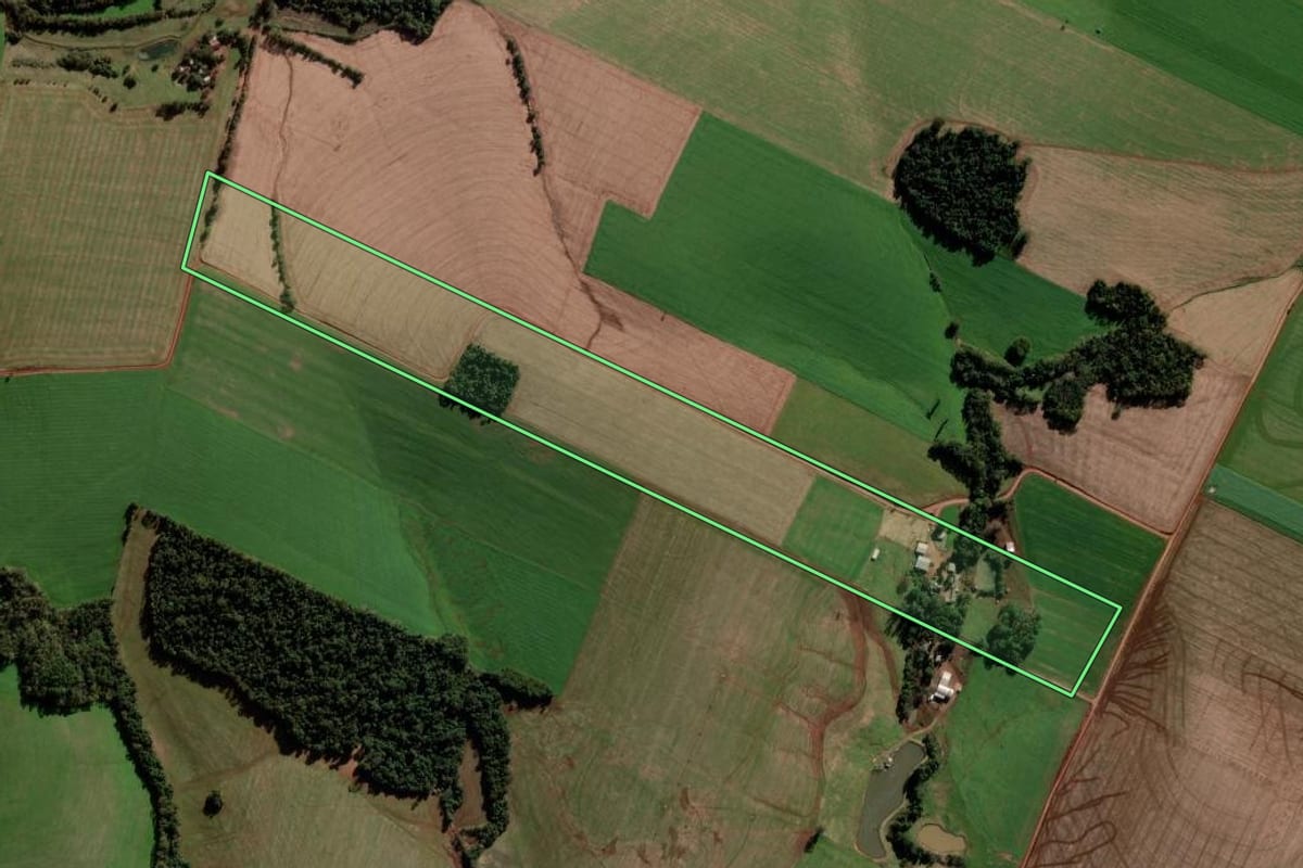 Imagem de satélite do imóvel rural em Pejuçara (RS), com o contorno declarado no CAR desenhado por cima.