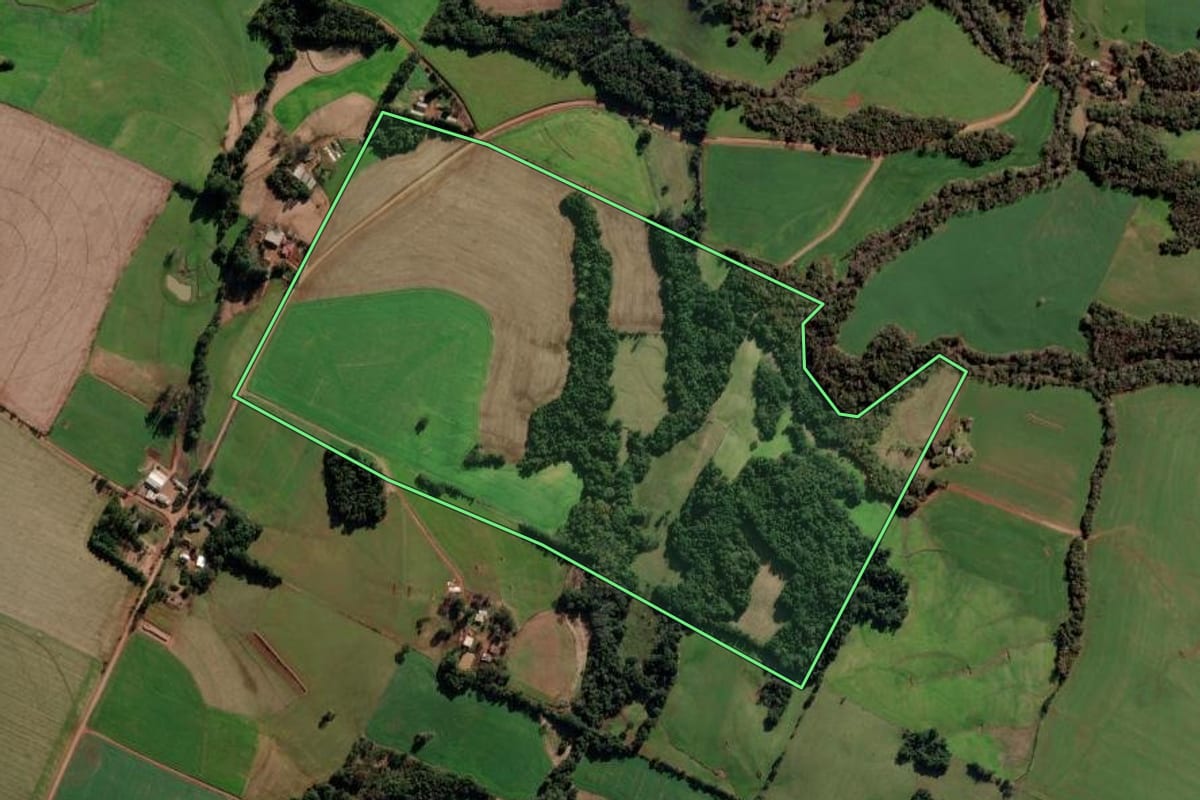 Imagem de satélite do imóvel rural em Pejuçara (RS), com o contorno declarado no CAR desenhado por cima.