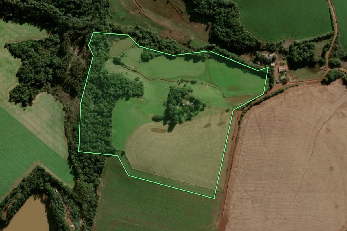 Imagem de satélite do imóvel rural em Pejuçara (RS), com o contorno declarado no CAR desenhado por cima.