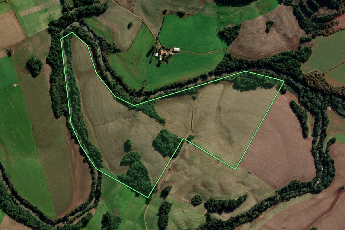 Imagem de satélite do imóvel rural em Pejuçara (RS), com o contorno declarado no CAR desenhado por cima.