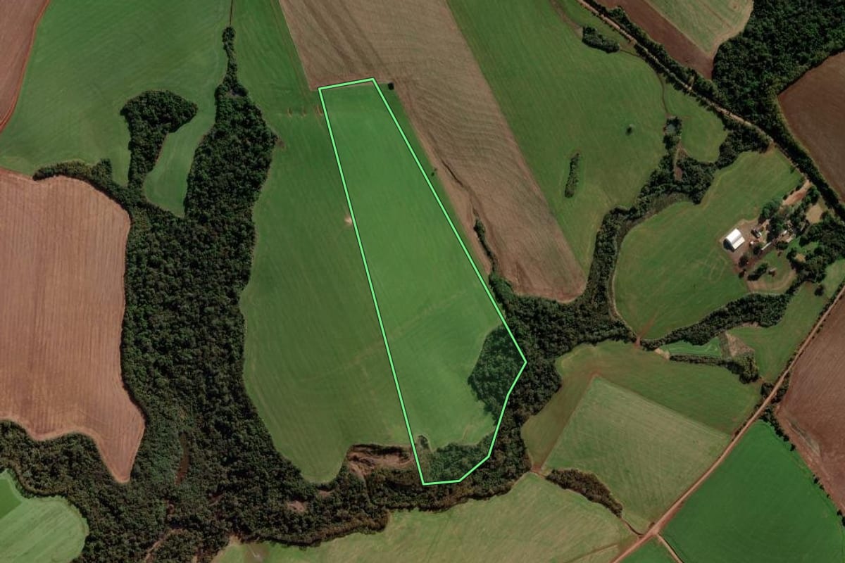 Imagem de satélite do imóvel rural em Pejuçara (RS), com o contorno declarado no CAR desenhado por cima.