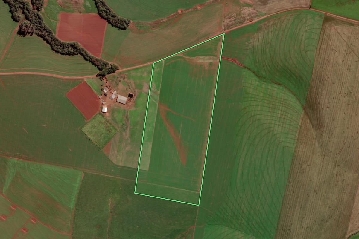 Imagem de satélite do imóvel rural em Pejuçara (RS), com o contorno declarado no CAR desenhado por cima.