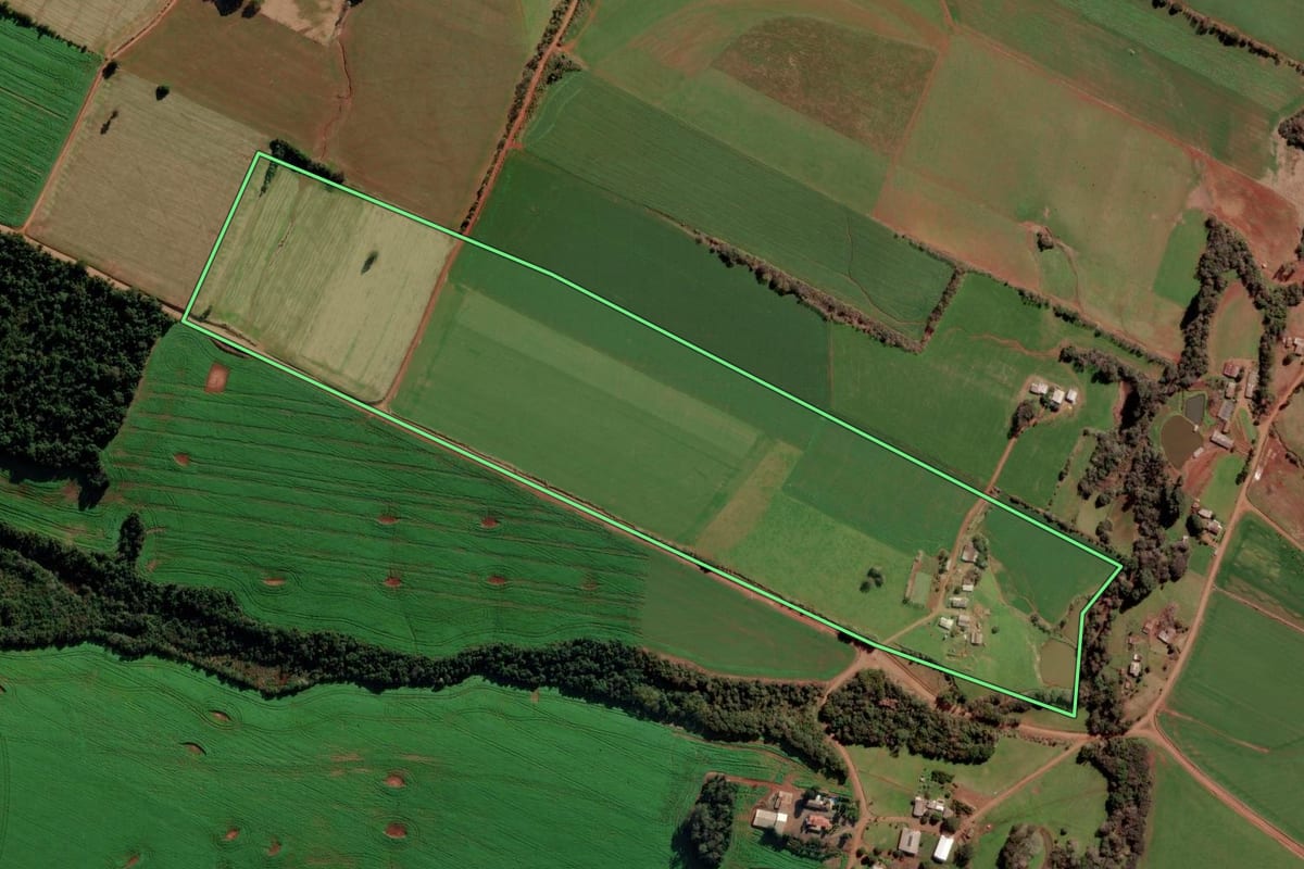Imagem de satélite do imóvel rural em Pejuçara (RS), com o contorno declarado no CAR desenhado por cima.