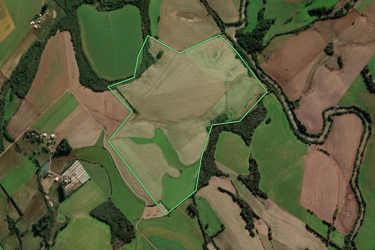Imagem de satélite do imóvel rural em Pejuçara (RS), com o contorno declarado no CAR desenhado por cima.