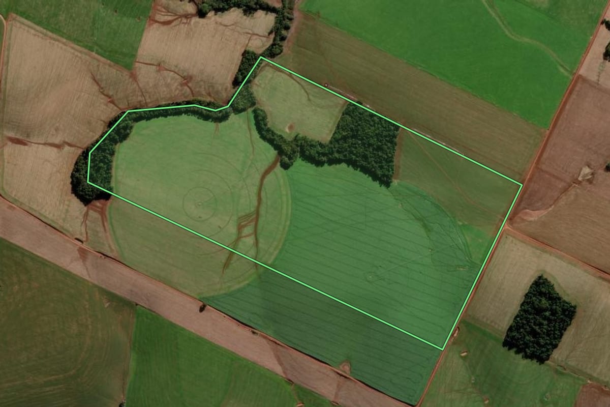 Imagem de satélite do imóvel rural em Pejuçara (RS), com o contorno declarado no CAR desenhado por cima.