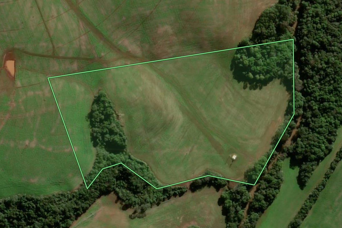 Imagem de satélite do imóvel rural em Pejuçara (RS), com o contorno declarado no CAR desenhado por cima.