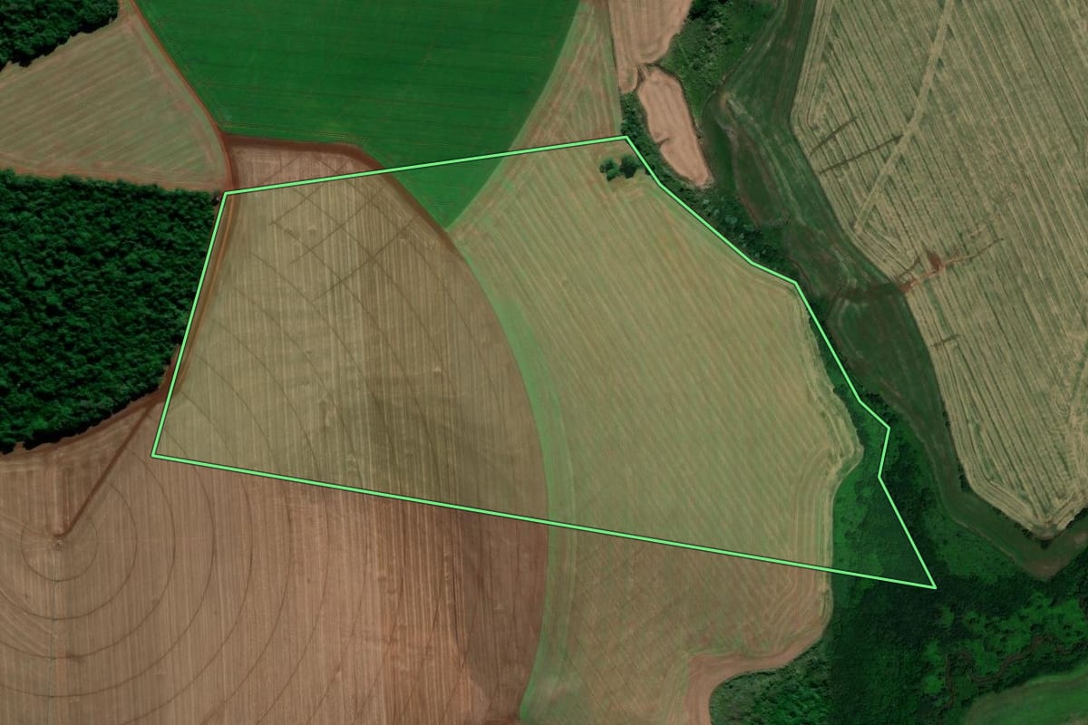 Imagem de satélite do imóvel rural em Pejuçara (RS), com o contorno declarado no CAR desenhado por cima.