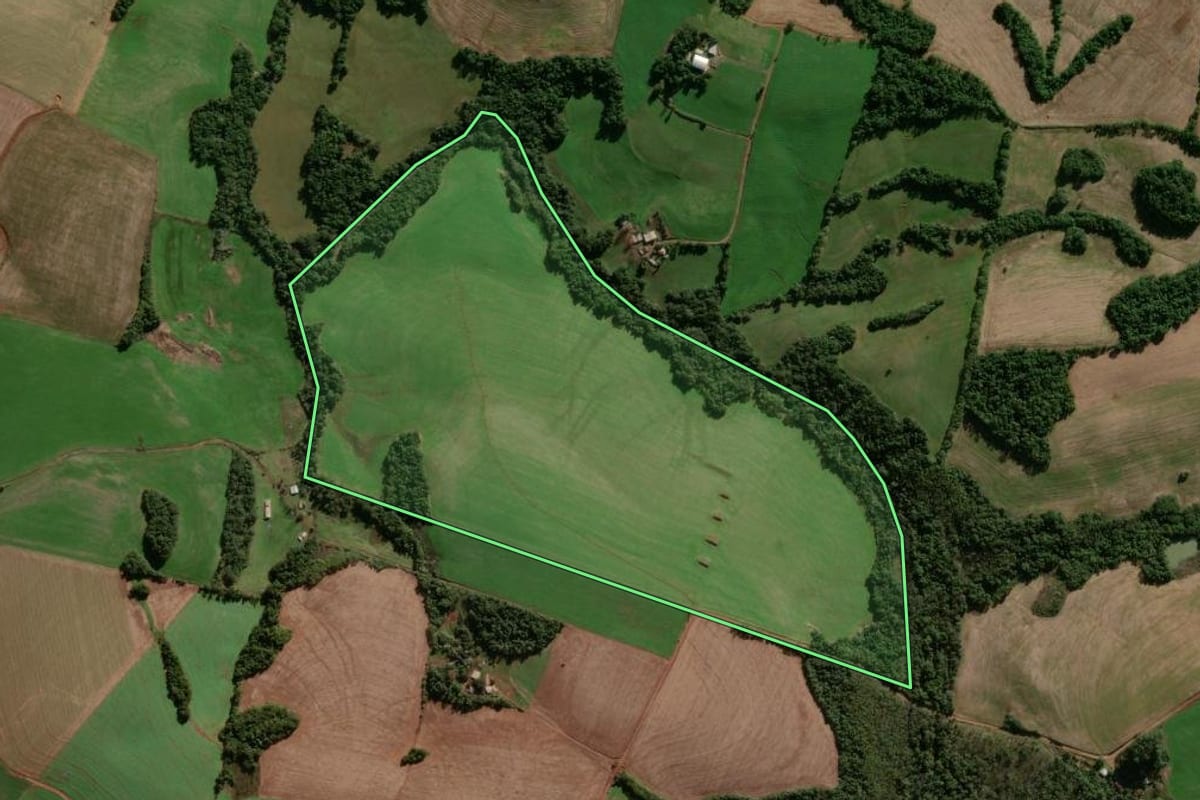 Imagem de satélite do imóvel rural em Pejuçara (RS), com o contorno declarado no CAR desenhado por cima.