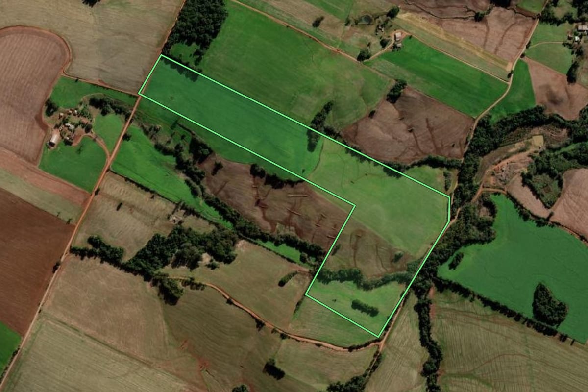 Imagem de satélite do imóvel rural em Pejuçara (RS), com o contorno declarado no CAR desenhado por cima.