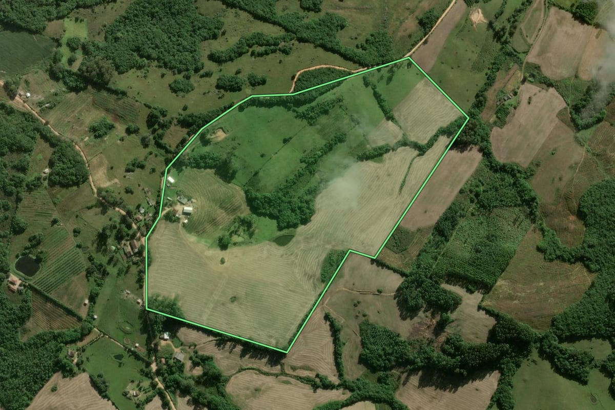 Imagem de satélite do imóvel rural em Pelotas (RS), com o contorno declarado no CAR desenhado por cima.