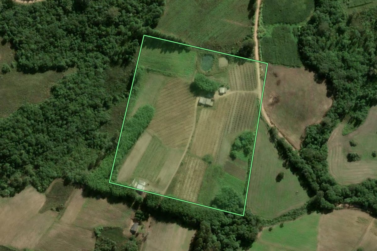 Imagem de satélite do imóvel rural em Pelotas (RS), com o contorno declarado no CAR desenhado por cima.