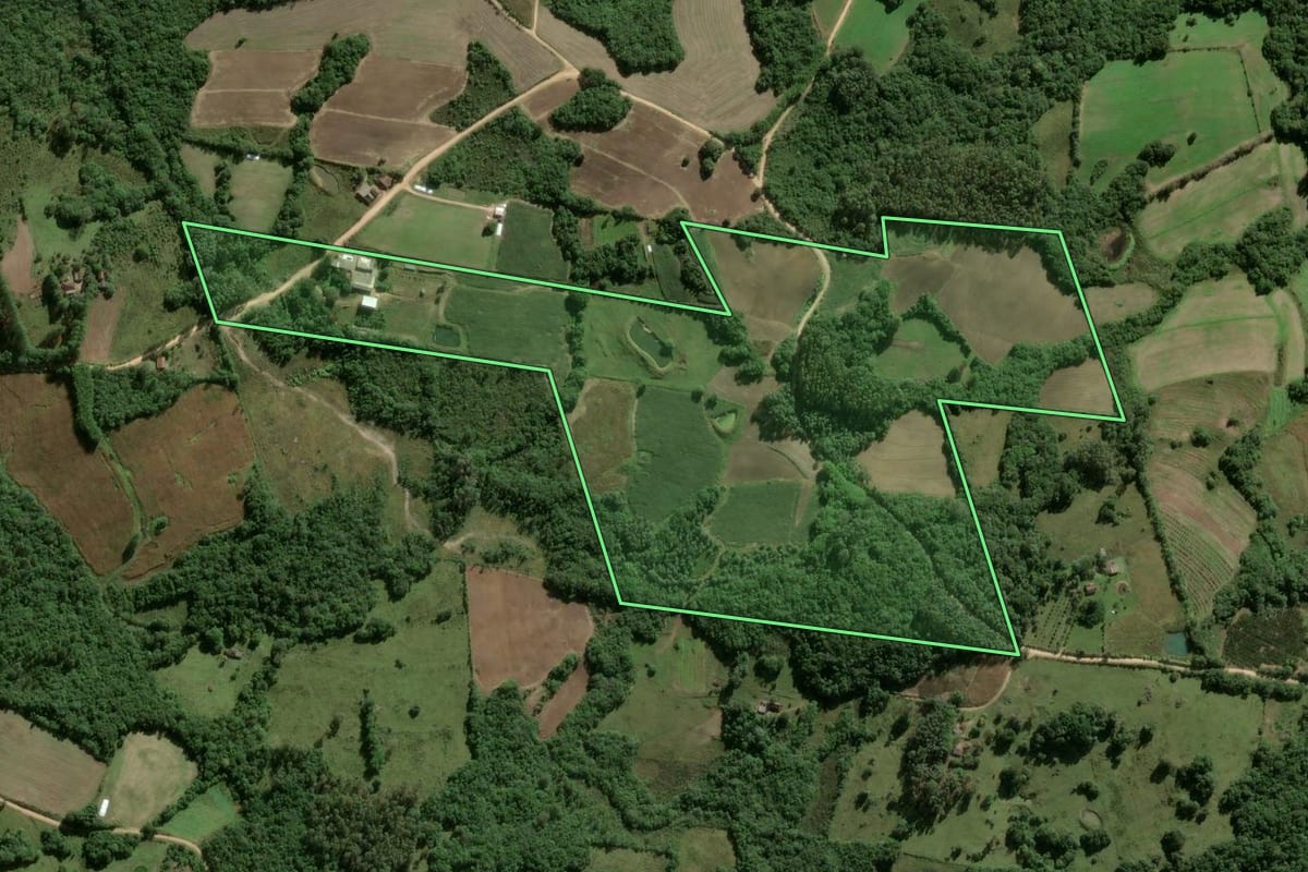 Imagem de satélite do imóvel rural em Pelotas (RS), com o contorno declarado no CAR desenhado por cima.