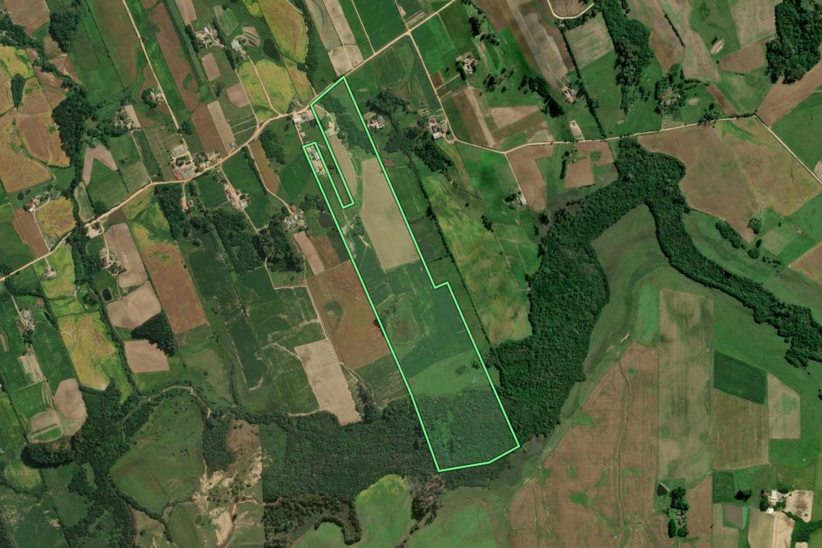 Imagem de satélite do imóvel rural em Pelotas (RS), com o contorno declarado no CAR desenhado por cima.