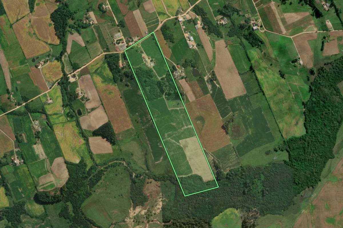 Imagem de satélite do imóvel rural em Pelotas (RS), com o contorno declarado no CAR desenhado por cima.