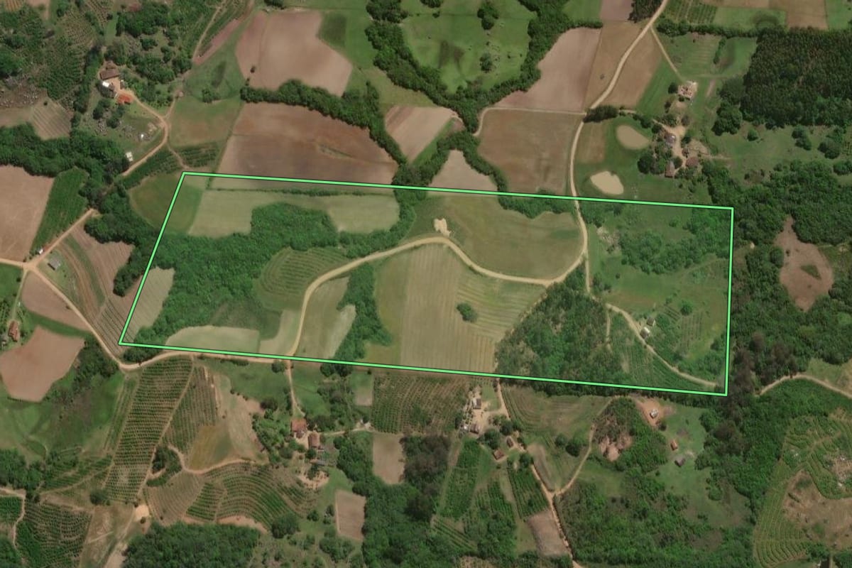 Imagem de satélite do imóvel rural em Pelotas (RS), com o contorno declarado no CAR desenhado por cima.