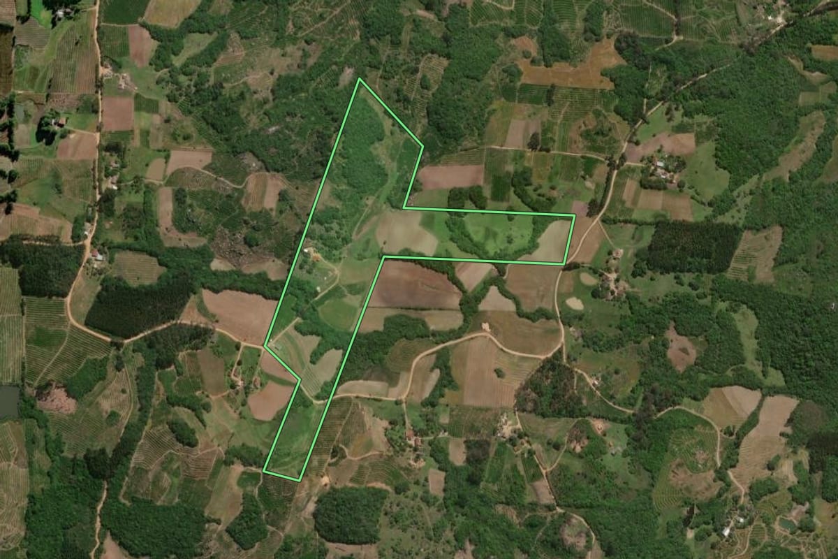 Imagem de satélite do imóvel rural em Pelotas (RS), com o contorno declarado no CAR desenhado por cima.