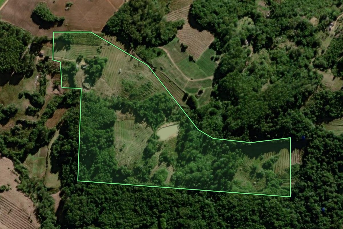 Imagem de satélite do imóvel rural em Pelotas (RS), com o contorno declarado no CAR desenhado por cima.