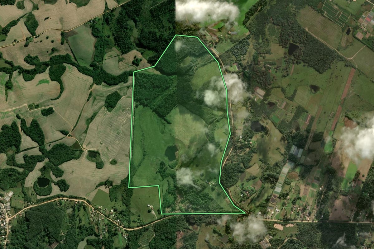 Imagem de satélite do imóvel rural em Pelotas (RS), com o contorno declarado no CAR desenhado por cima.