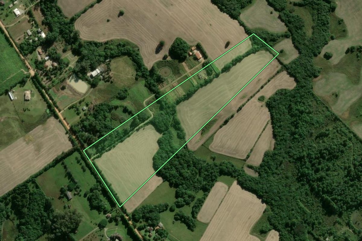 Imagem de satélite do imóvel rural em Pelotas (RS), com o contorno declarado no CAR desenhado por cima.