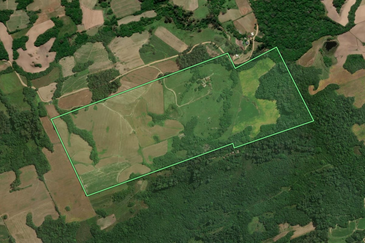 Imagem de satélite do imóvel rural em Pelotas (RS), com o contorno declarado no CAR desenhado por cima.