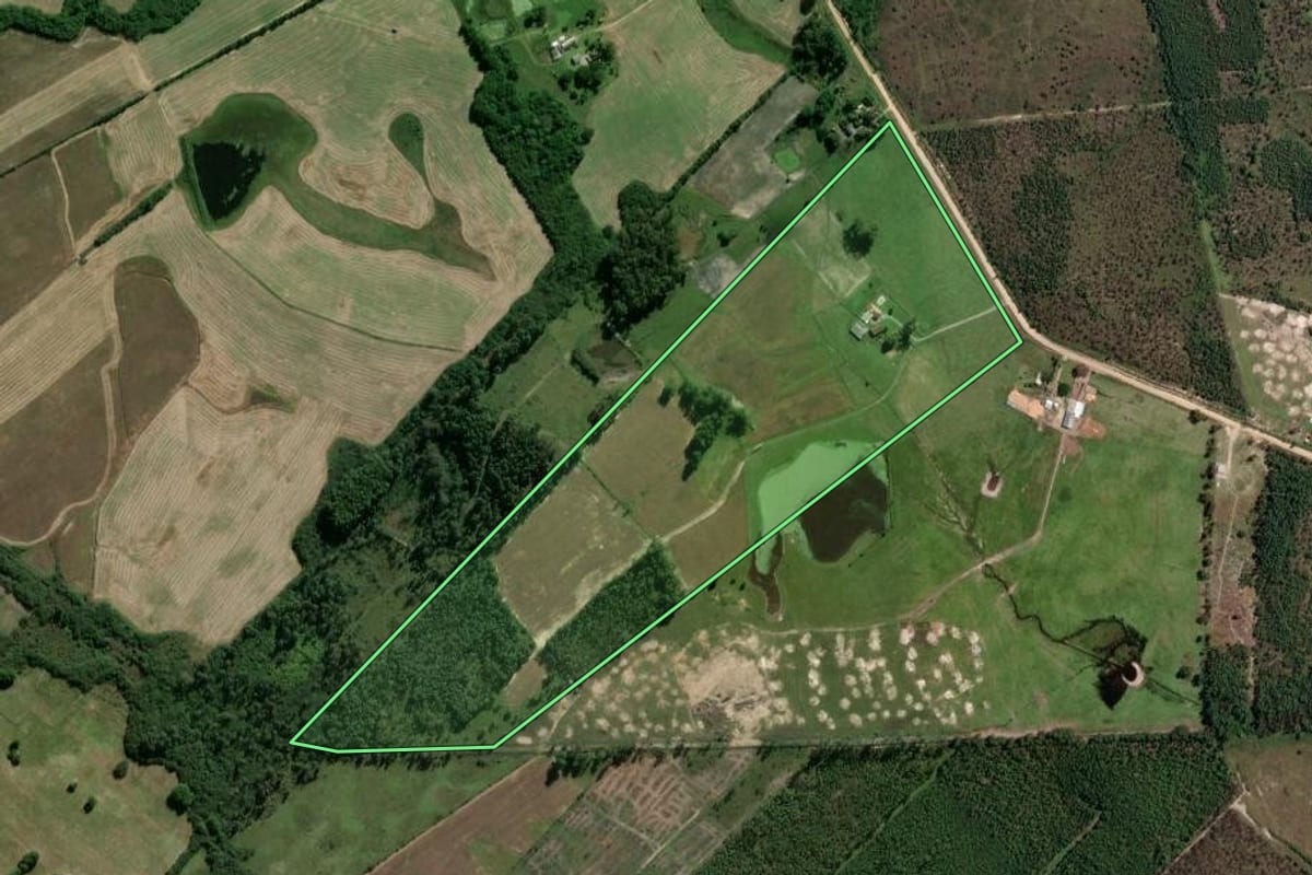 Imagem de satélite do imóvel rural em Pelotas (RS), com o contorno declarado no CAR desenhado por cima.