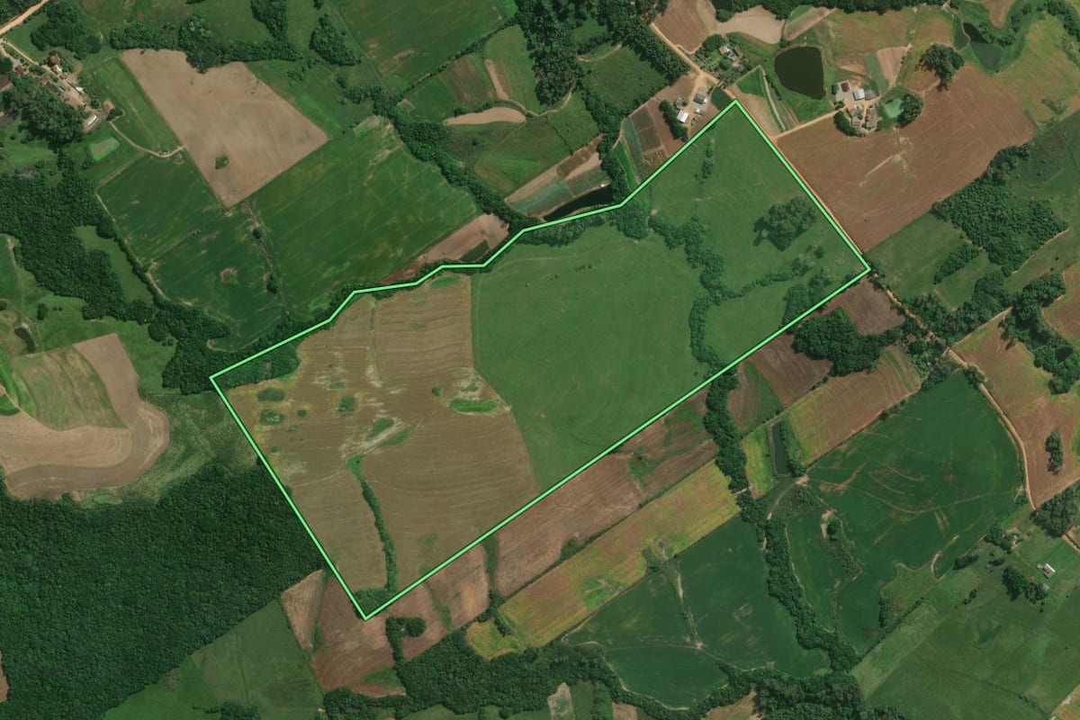 Imagem de satélite do imóvel rural em Pelotas (RS), com o contorno declarado no CAR desenhado por cima.