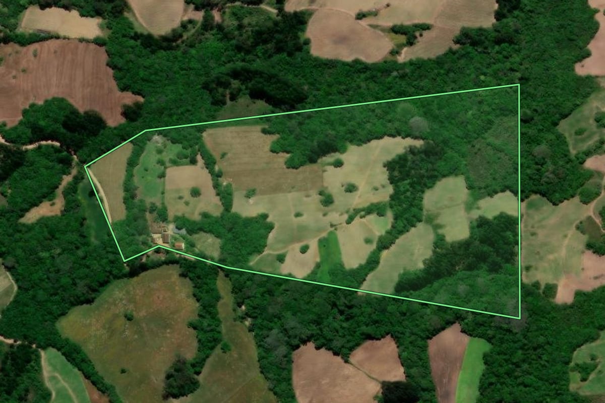 Imagem de satélite do imóvel rural em Pelotas (RS), com o contorno declarado no CAR desenhado por cima.