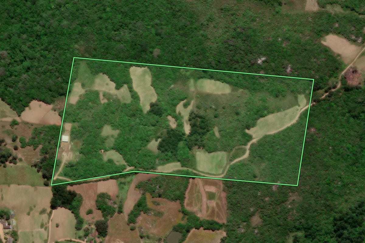 Imagem de satélite do imóvel rural em Pelotas (RS), com o contorno declarado no CAR desenhado por cima.
