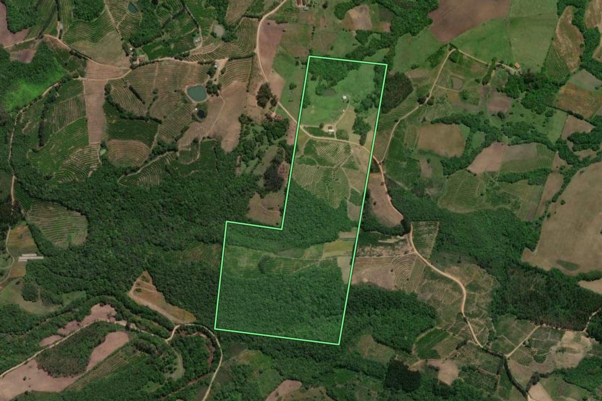 Imagem de satélite do imóvel rural em Pelotas (RS), com o contorno declarado no CAR desenhado por cima.