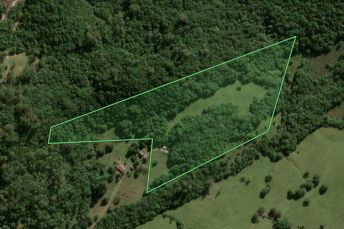 Imagem de satélite do imóvel rural em Pelotas (RS), com o contorno declarado no CAR desenhado por cima.