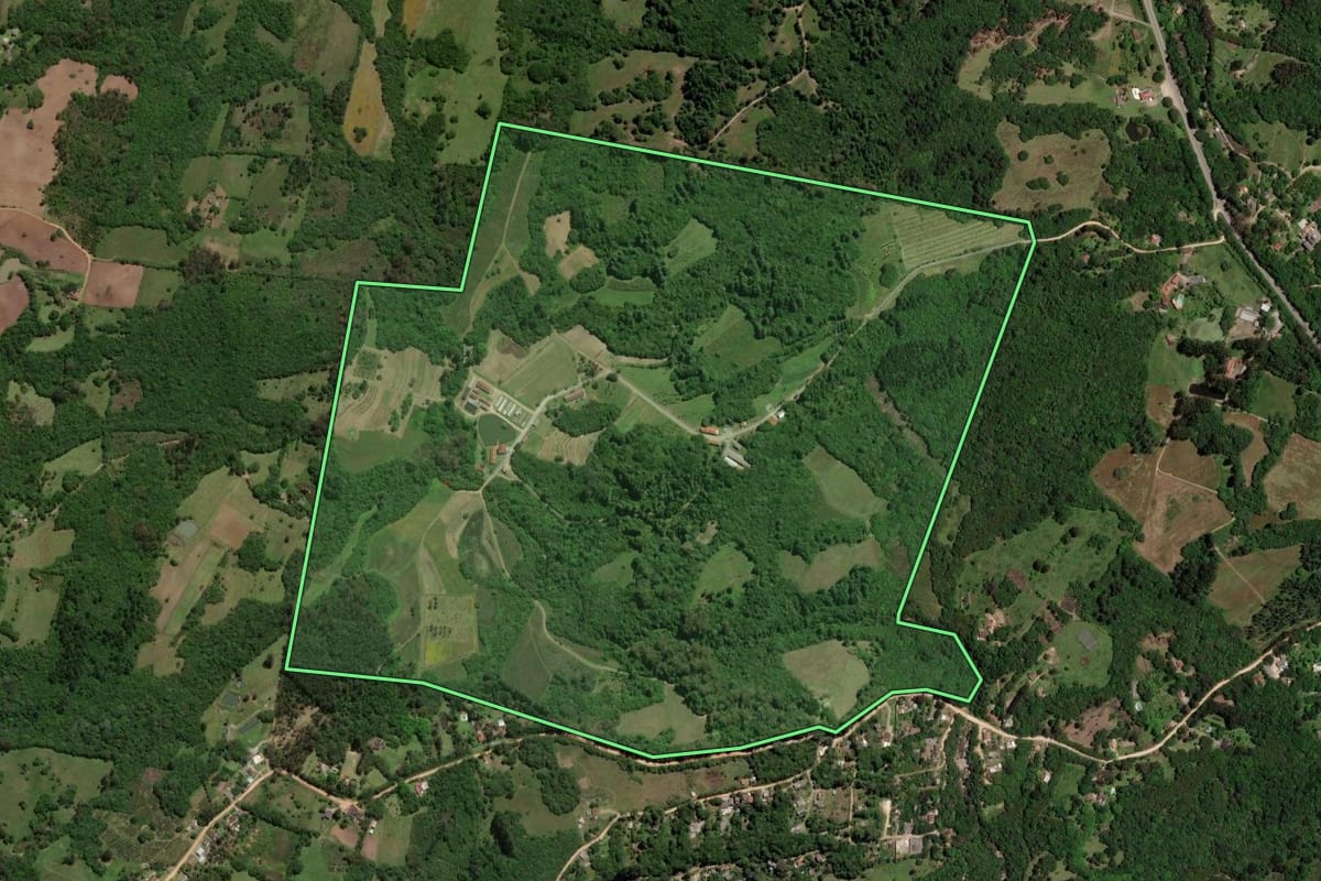 Imagem de satélite do imóvel rural em Pelotas (RS), com o contorno declarado no CAR desenhado por cima.
