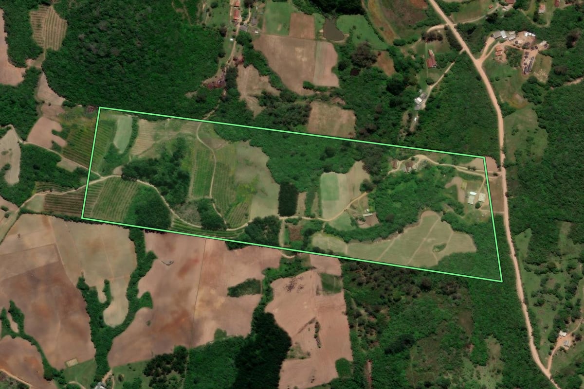 Imagem de satélite do imóvel rural em Pelotas (RS), com o contorno declarado no CAR desenhado por cima.