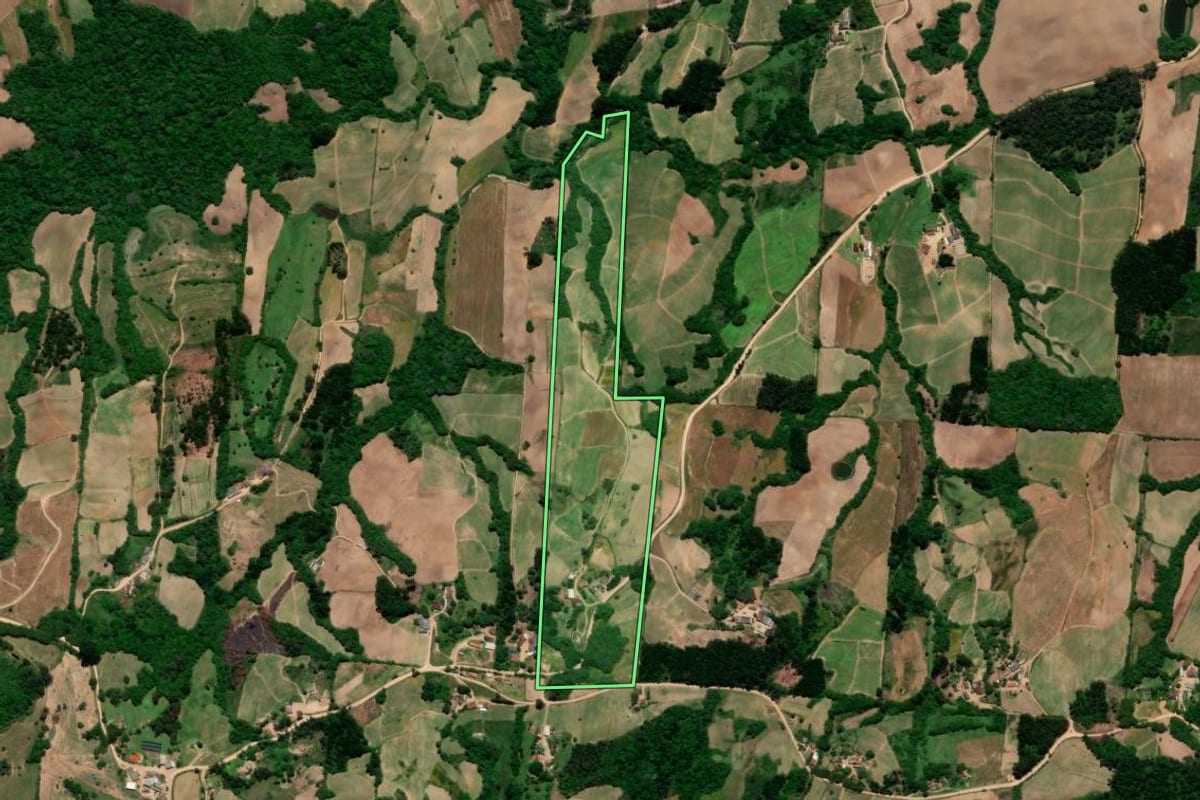 Imagem de satélite do imóvel rural em Pelotas (RS), com o contorno declarado no CAR desenhado por cima.