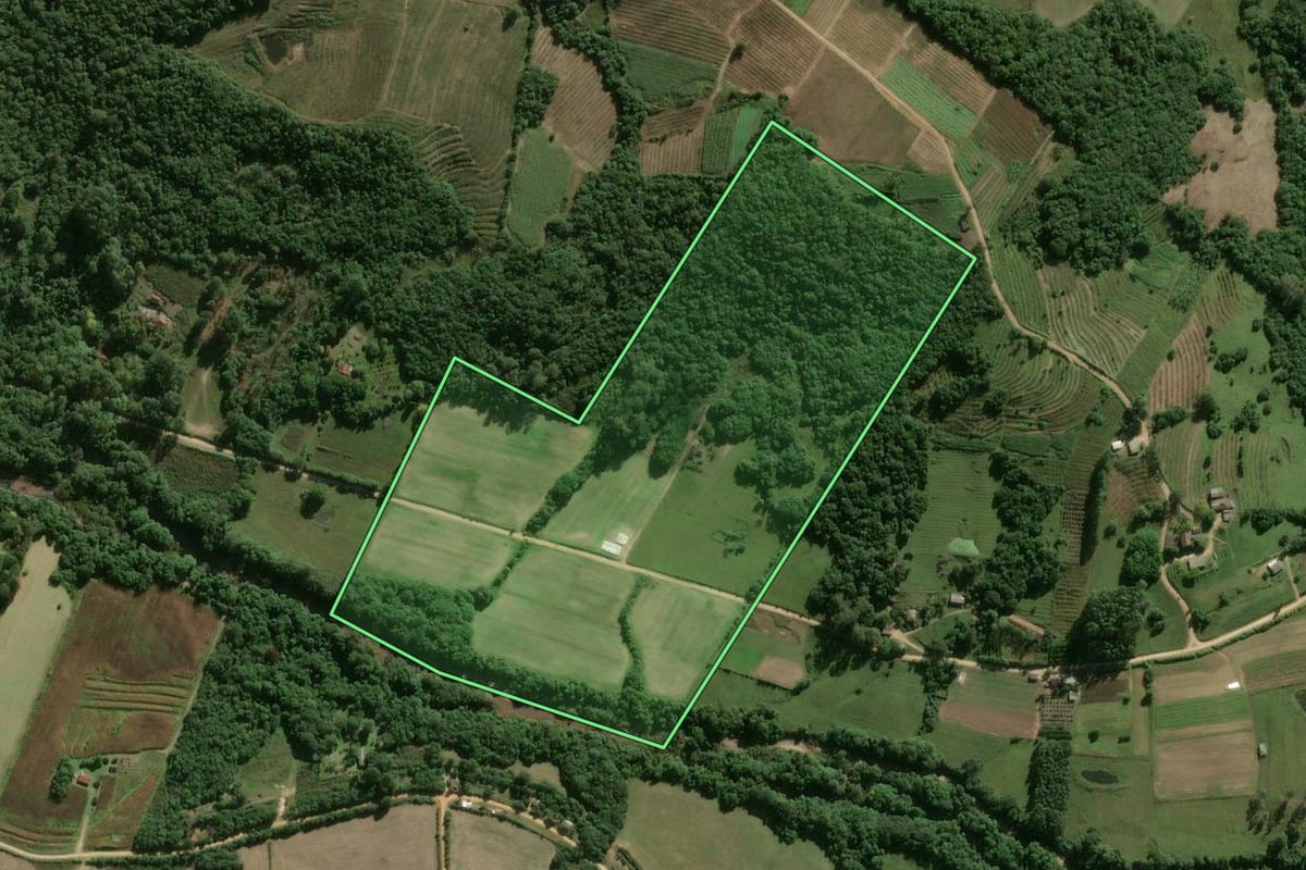 Imagem de satélite do imóvel rural em Pelotas (RS), com o contorno declarado no CAR desenhado por cima.