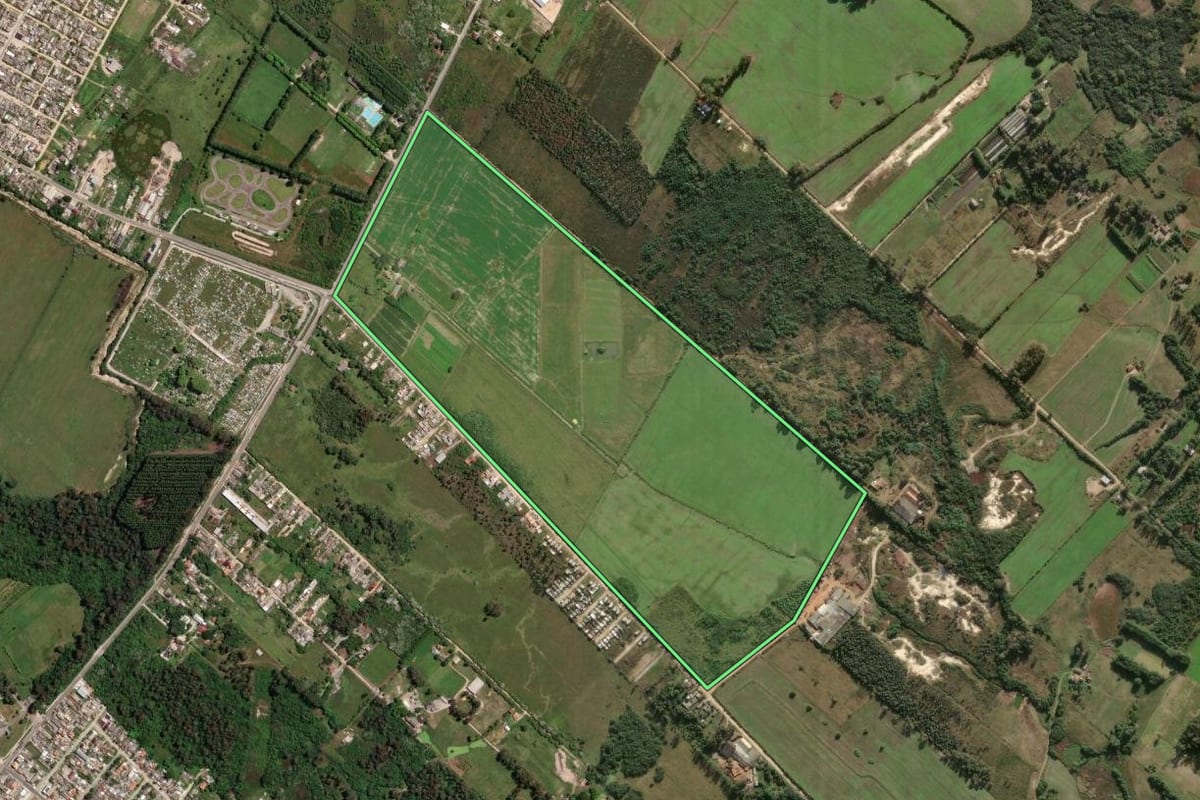 Imagem de satélite do imóvel rural em Pelotas (RS), com o contorno declarado no CAR desenhado por cima.